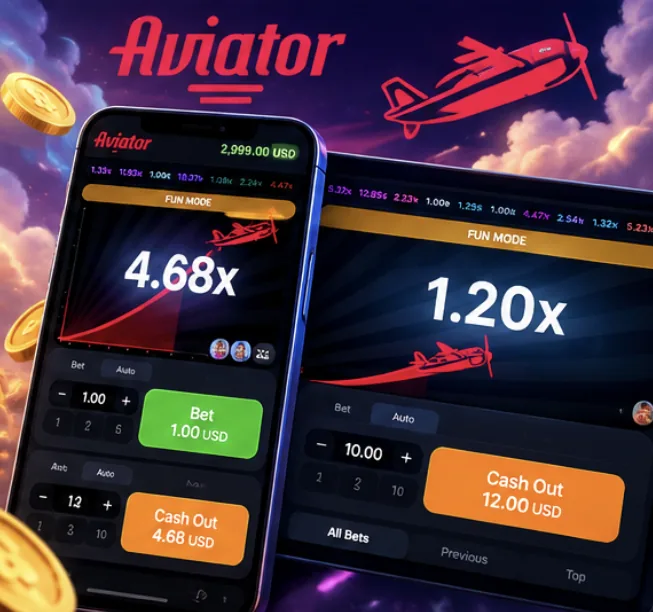 Aviator at 1win on mobile: live multiplier, two bets and cash-out buttons