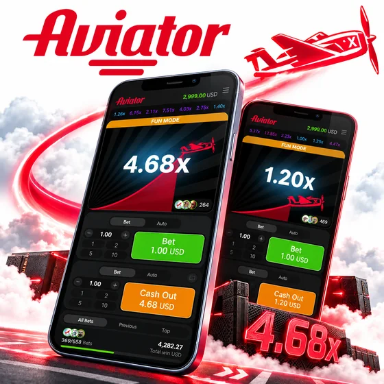 Der Aviator-Spielbildschirm bei 1win: Verlaufsleiste, Flugbereich mit Multiplikator und zwei Einsatzfelder