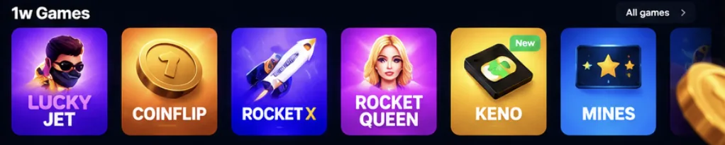 1win의 1w Games: Lucky Jet, Coinflip, RocketX, Rocket Queen, Keno, Mines