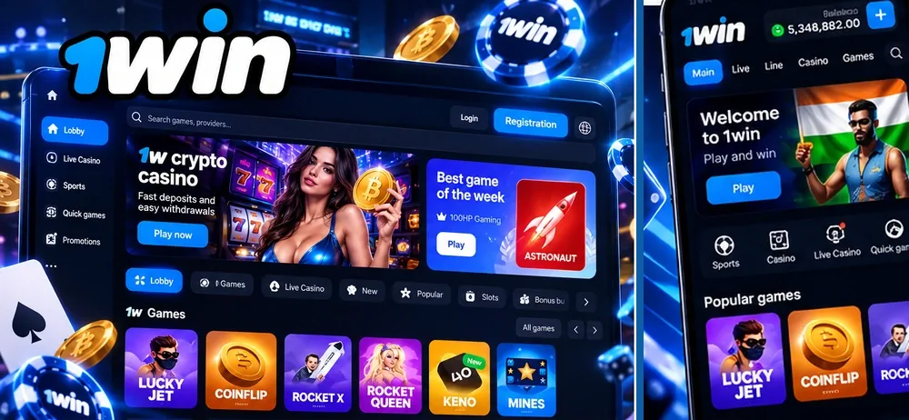 컴퓨터와 휴대폰에서 본 1win 카지노 로비와 Lucky Jet, Rocket Queen 등 여러 게임