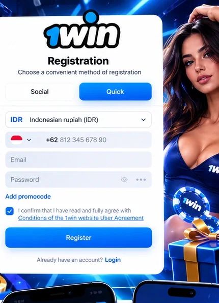 Modulo di registrazione 1win con i campi valuta, telefono, email, password e codice promo